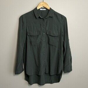 Mango Army Green Button Front Long Sleeve Shirt Size XXS